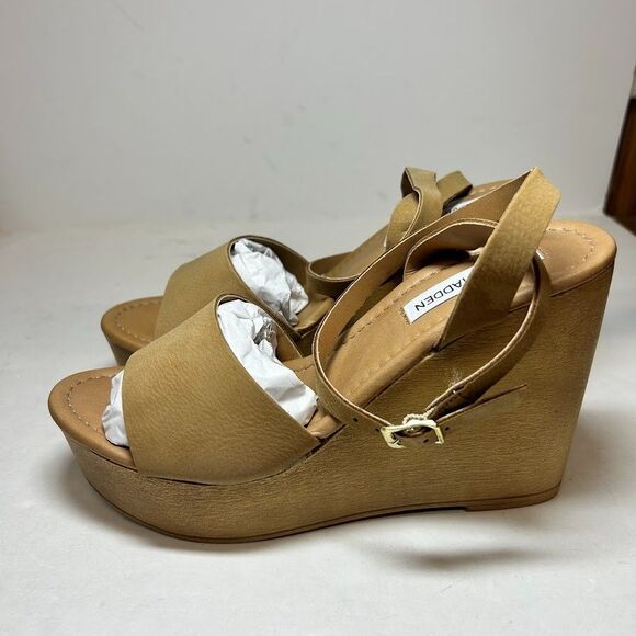 Steve Madden Womens 6.5 M Camel Nubuck Leather Welsh Wedge Heel Sandals NIB HZ7 - Picture 2 of 4